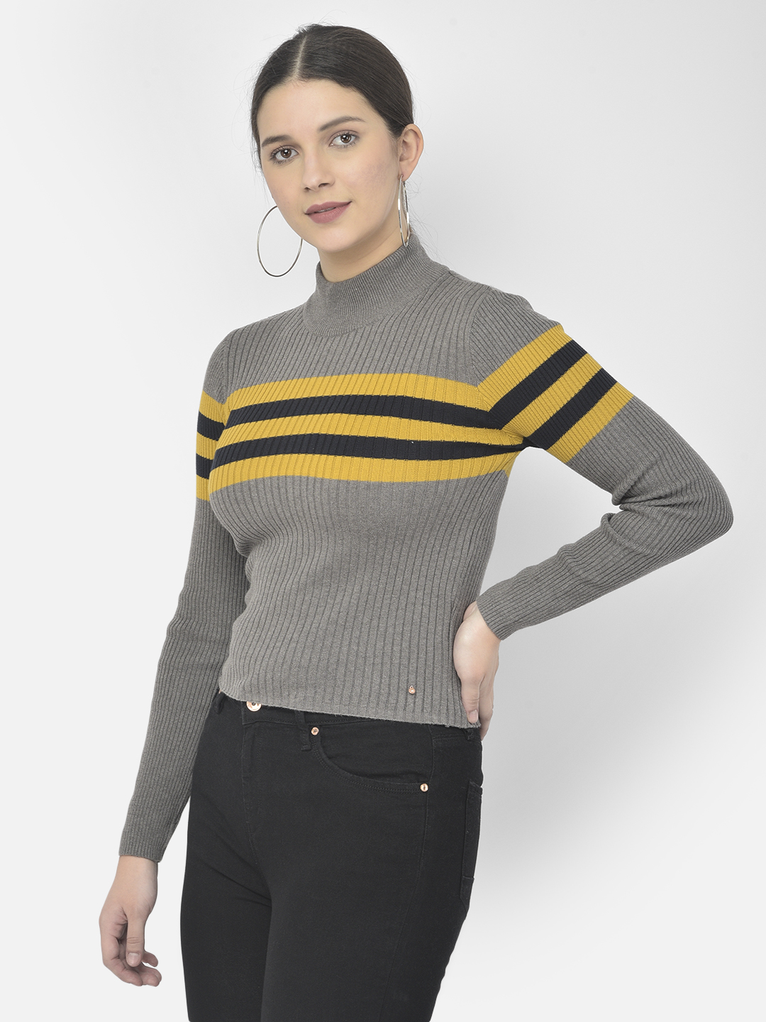 Numero Uno Women Striped Grey Sweater
